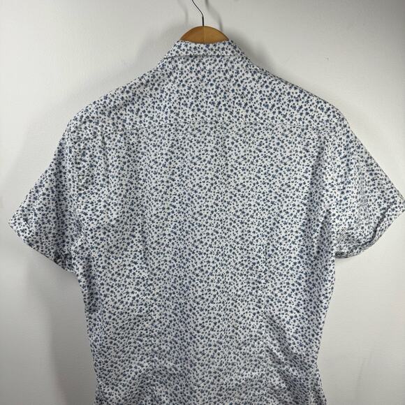 Zara Shirt Men L Blue White Floral Camp Slim Fit Button Down Spring Preppy - Picture 4 of 8